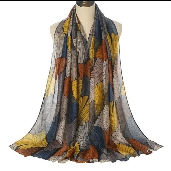 Multicolor Leaf Pattern Scarf large shawl wrap ginkgo leaf - Picture 2 of 4